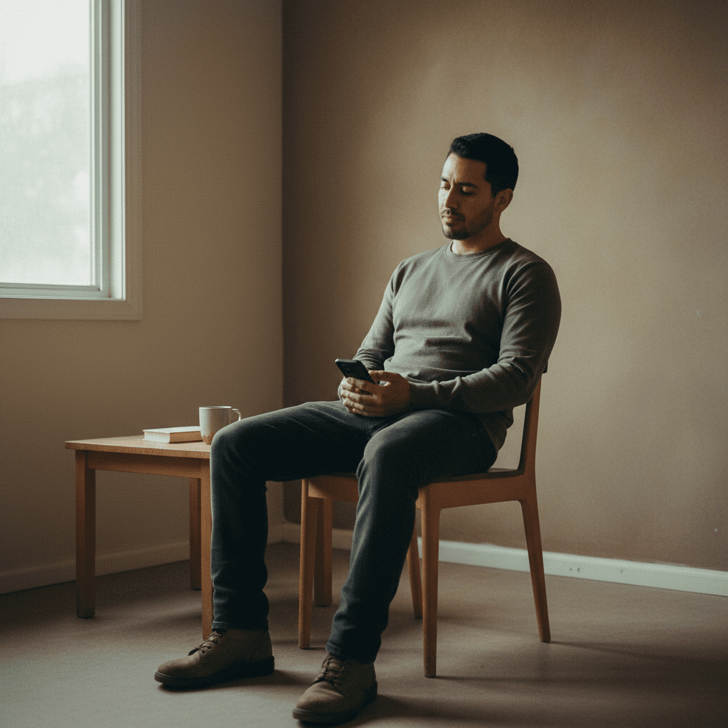A male veteran in his late 20s sitting in a quiet room with his phone in hand