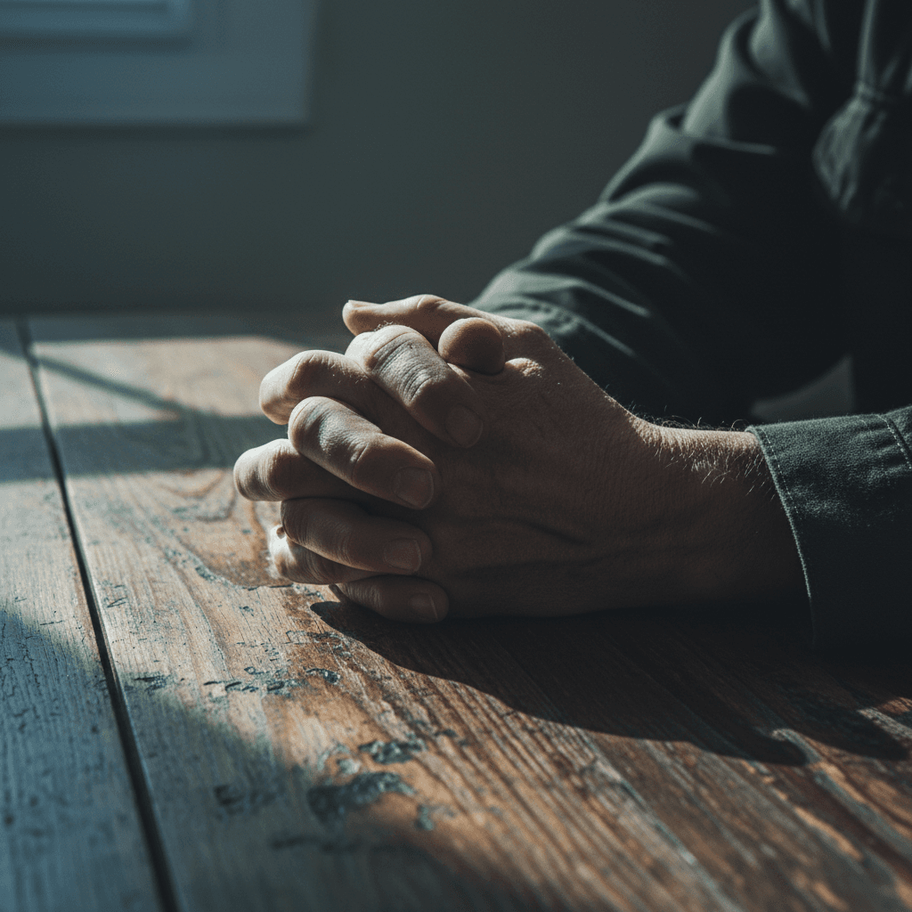 Close-up of hands resting on a table, conveying stillness and calm